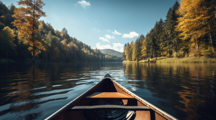 Canoe on a lake wooden boat kayak in water summer canoeing kayaking autumn travelling fresh calm still water rural adventure exploration countryside camping untouched nature beautiful forest landscape