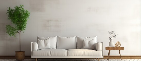 Fototapeta na wymiar Minimalist white room with sofa and Scandinavian aesthetic displayed in a illustration