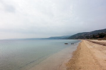 Beautiful scenery by the sea close to Pyrgadikia village, Chalkidiki, Greece, on a cloudy day