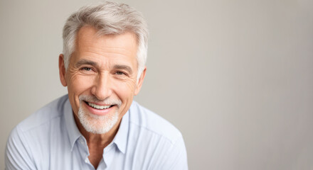 Beautiful gorgeous 50 60 years old, beautiful elderly senior model man with grey hair laughing and smiling. Mature old grandfather close up portrait. happy healthy active old age. Generative AI