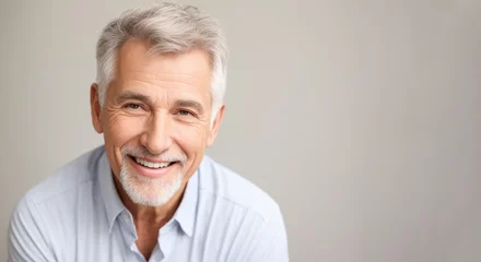 Fotobehang Beautiful gorgeous 50 60 years old, beautiful elderly senior model man with grey hair laughing and smiling. Mature old grandfather close up portrait. happy healthy active old age. Generative AI © Celt Studio