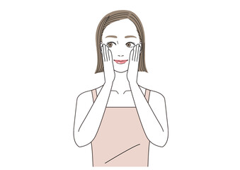 両手で頬をつつんで微笑んでいる女性