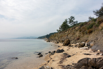 Beautiful scenery by the sea close to Ouranoupoli village, Chalkidiki, Greece, on a cloudy day