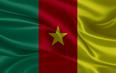 Naklejka premium 3d waving realistic silk national flag of Cameroon. Happy national day Cameroon flag background. close up