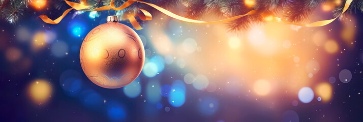 golden bauble hanging delicately from a Christmas tree branch, surrounded by a dazzling array of multicolored bokeh lights