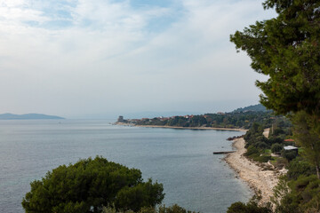 Beautiful scenery by the sea close to Ouranoupoli village, Chalkidiki, Greece, on a cloudy day