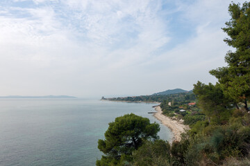 Beautiful scenery by the sea close to Ouranoupoli village, Chalkidiki, Greece, on a cloudy day