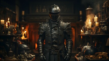 Fototapeta na wymiar A Suit of Armor hanging nobody in castle room background 