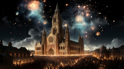 Fototapeta na wymiar A glittering cityscape on New Years Eve with fireworks, Fireworks at Night, Colorful firework