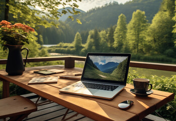 Morning sunrise with cup of coffee and computer notebook on the wooden table with fog and mountain background.