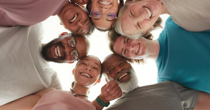 Face, people and team in circle with smile, training or exercise together, collaboration or bonding with joy. Low angle, men or women with portrait and happiness for teamwork, support and motivation