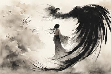 Ink silhouette of a fallen angel Conveying the beauty of graceful movement through ink