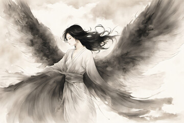 Ink silhouette of a fallen angel Conveying the beauty of graceful movement through ink