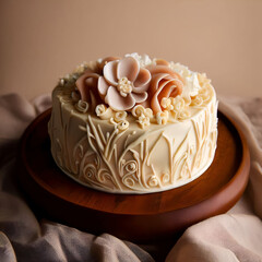 wedding cake decorated with flowers on a brown background, beautiful bakery decoration, generative ai