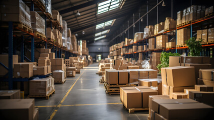 Warehouse full of shelves with goods in cardboard boxes and packages