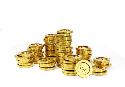 Gold finance coin or money currency cash on white background with pile of treasure coins. Image 3D rendering.