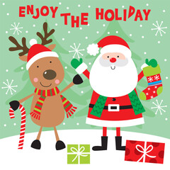 christmas card with Cute Santa Claus and Reindeer 