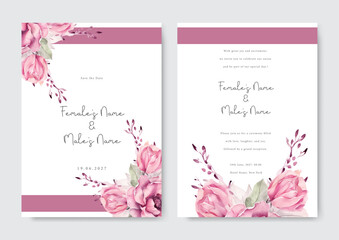 Wedding invitation card background with golden line art pink geranium flower and leaves.