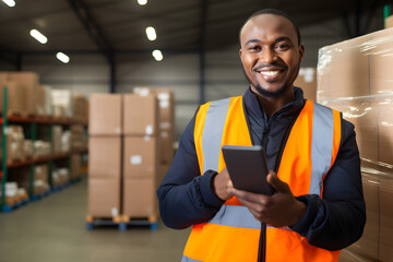 A distribution centre worker is inventorying on tablet while smiling at the camera - obrazy, fototapety, plakaty
