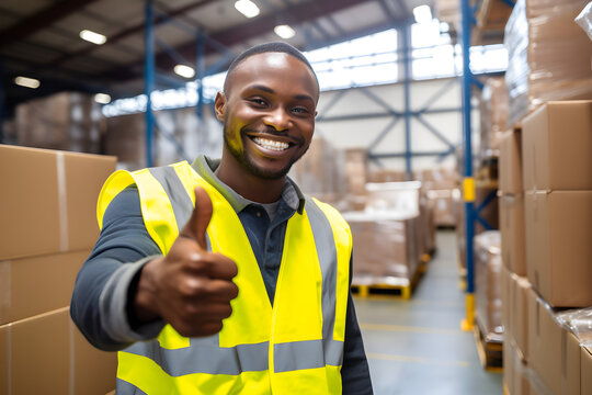 A distribution centre worker giving thumbs up while smiling at the camera