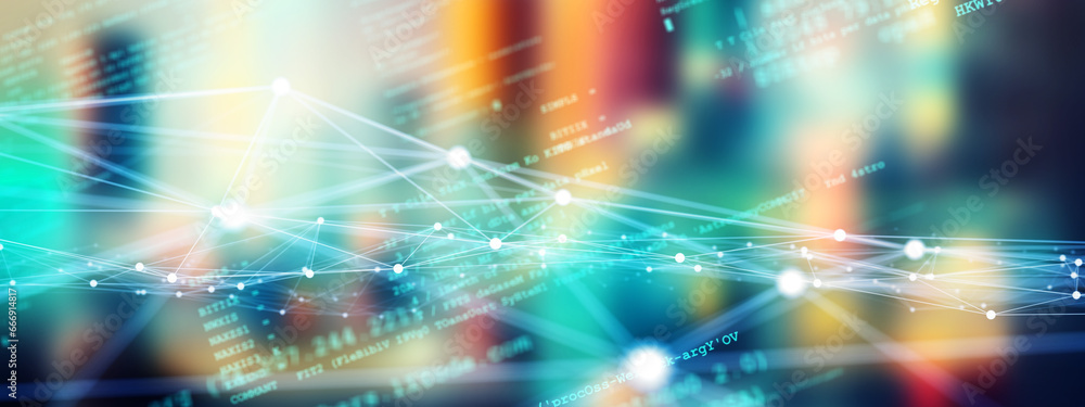 Aufkleber Programming code and communication network concept. Abstract background.