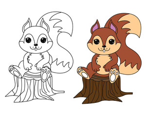 Squirrel on a tree. Simple design outline style. You can change color you want. Vector illustration