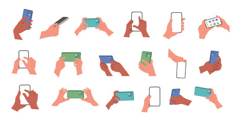 Obraz premium A hand is holding a smartphone both horizontally and vertically, with a blank screen displayed. The cell phone is being operated using a finger to touch the blank white screen display.