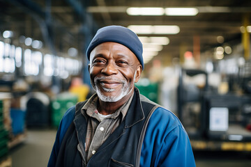 A happy male senior African American worker in a factory