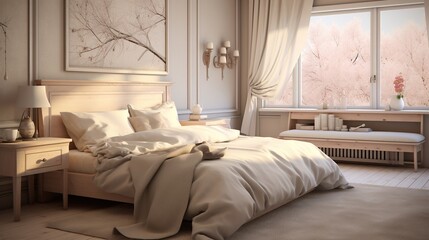 Modern cozy bedroom. Chabby shic style. Modern interior design