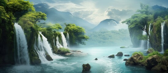 Scenic waterfall promoting environmental well being - obrazy, fototapety, plakaty
