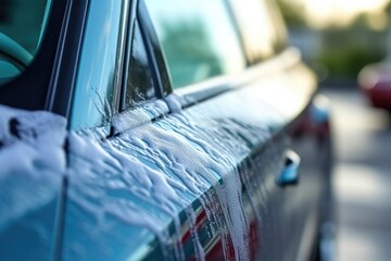 a clean car with soap bubbles on the exterior - obrazy, fototapety, plakaty