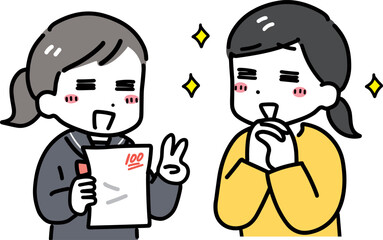 100点のテストを見せる中学生の女の子と喜ぶ母親