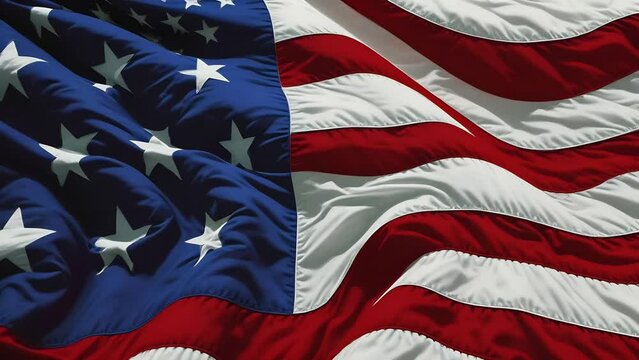 Vivid close-up of the American flag, with stars and stripes billowing, showcasing patriotic pride and heritage.