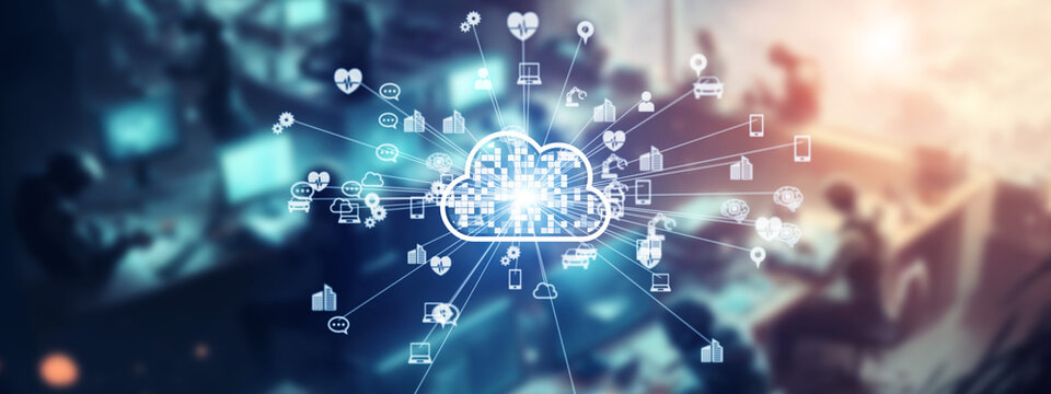 Group of people working in office and cloud computing concept.