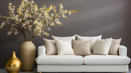 White fabric sofa and brass decor pieces. Interior design of cozy living room