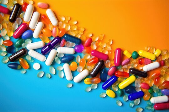 capsules of adhd vitamins scattered over a colorful surface