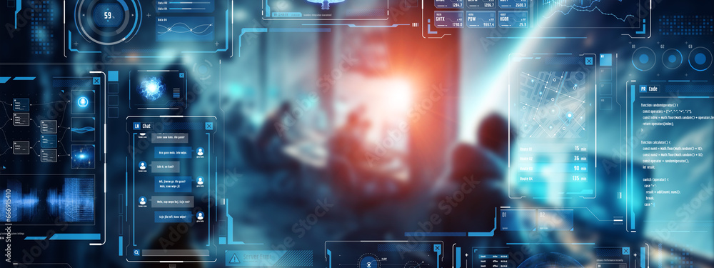 Poster Group of people working in office and futuristic graphical user interface concept.