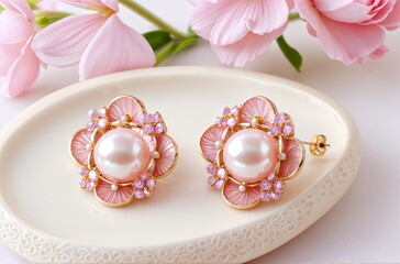 Fototapeta na wymiar Feminine Glamour: Pink Floral Earrings with Pearl Accent