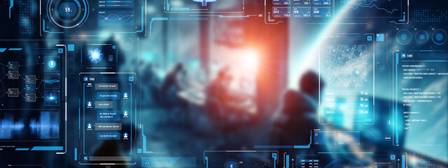 Group of people working in office and futuristic graphical user interface concept.