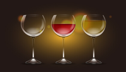 Set of vector transparent red wine glasses with drinks