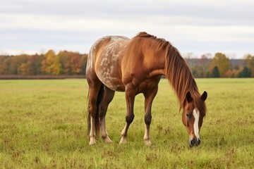 a tethered horse grazing in an open field