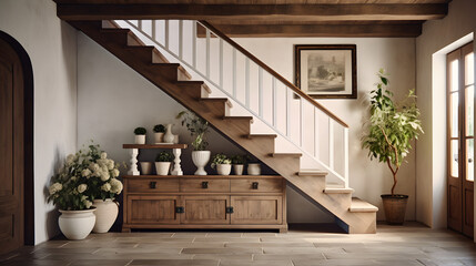 White plaster staircase and timber beams ceiling in farmhouse hallway. Rustic style interior design of entrance hall in country house.