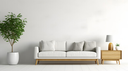 Fototapeta na wymiar White sofa against tv unit and wooden shelf on white wall. Scandinavian minimalist home interior design of modern living room