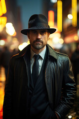 portrait of a male detective in a hat on street in the city at night