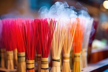 fresh incense sticks on a bamboo stick rack