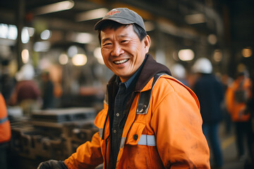 A happy male senior Asian worker in a factory - Powered by Adobe