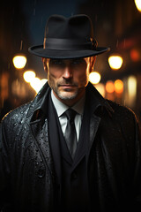 portrait of a male detective in a hat on street in the city at night in the rain