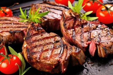 close up of tender and juicy grilled lamb chops - obrazy, fototapety, plakaty