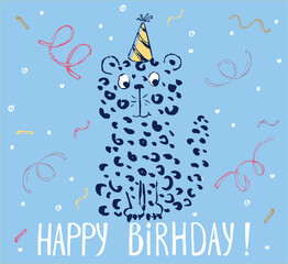 Cheetah birthday card cool design. Greeting post card template. Safari animal date of birth.
