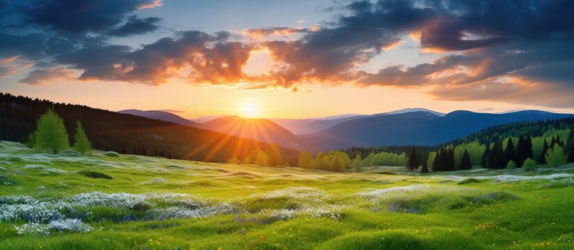 Green meadow at sunrise Natural scenery